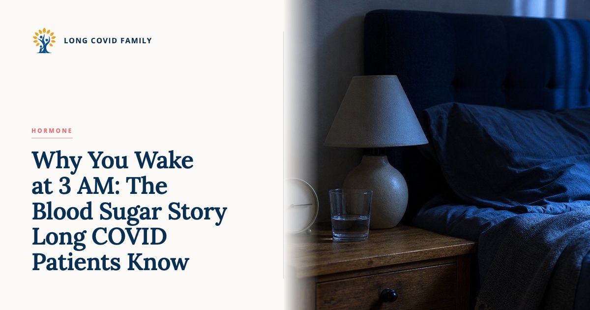Long COVID 3 AM wake-up and blood sugar — editorial dark-bedroom still life with a glowing bedside clock face, a glass of water, soft moonlight through a half-curtain.