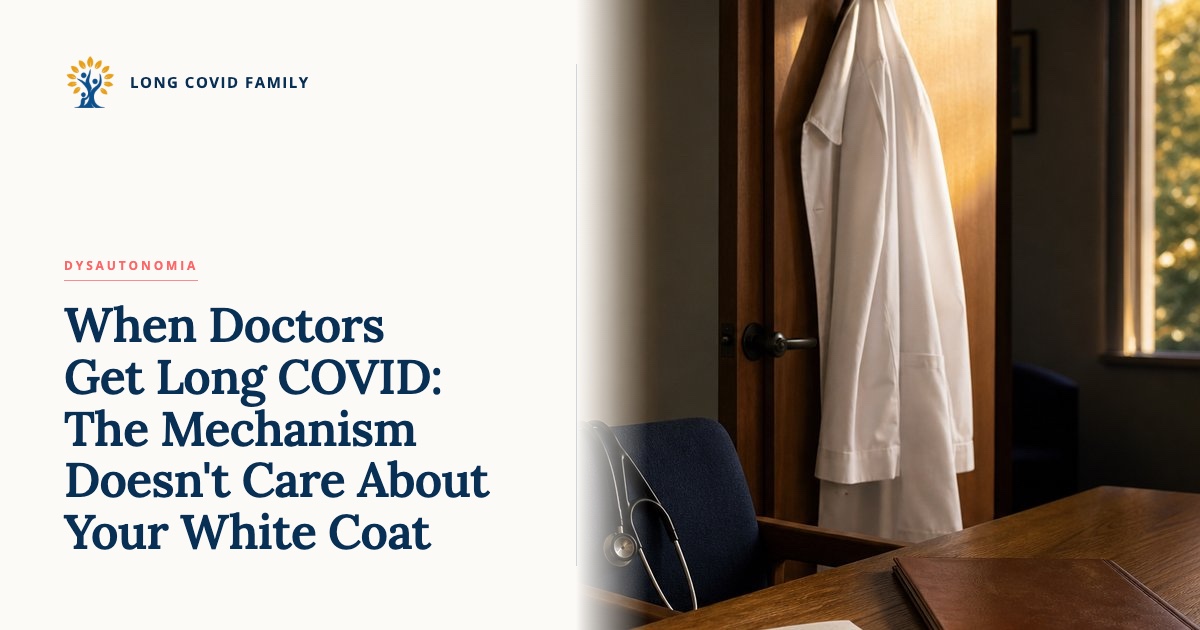 Healthcare workers with Long COVID — editorial photo of an empty doctor's white coat hanging on the back of an office door, stethoscope draped over a chair, late afternoon light.