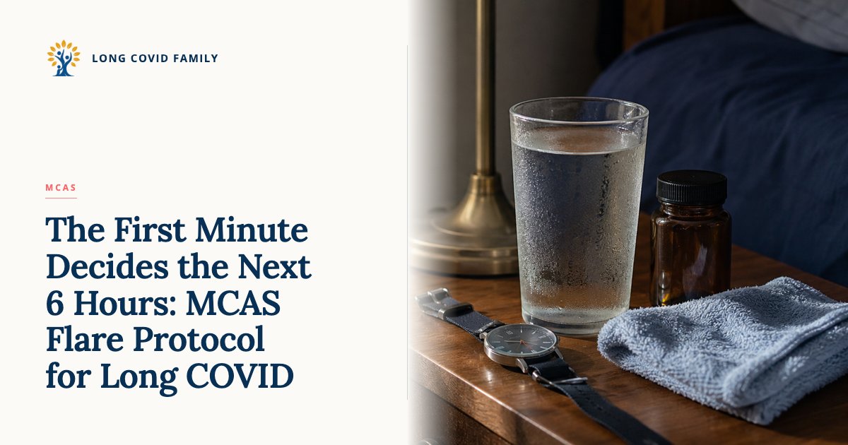 MCAS flare protocol for Long COVID — editorial nightstand still life with a water glass, amber pill bottle, watch, and folded cool cloth in soft early-morning light.