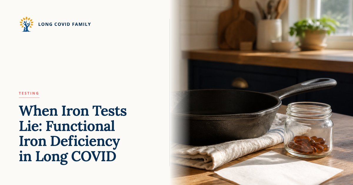 Functional iron deficiency in Long COVID — editorial still life of a cast-iron skillet on a folded linen cloth, with iron supplement jar nearby, on a wooden kitchen counter in soft afternoon light.