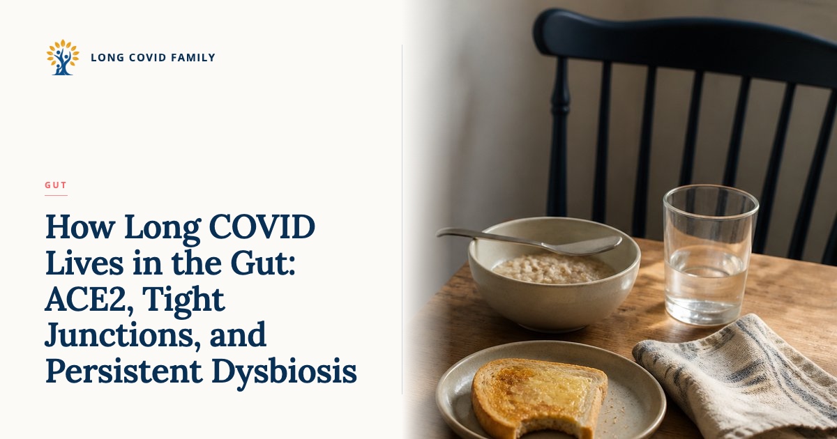Gut dysbiosis in Long COVID — editorial breakfast still life of a cooled bowl of oatmeal pushed aside, a half-bitten piece of toast, a partial water glass on a wooden kitchen table in soft morning light.