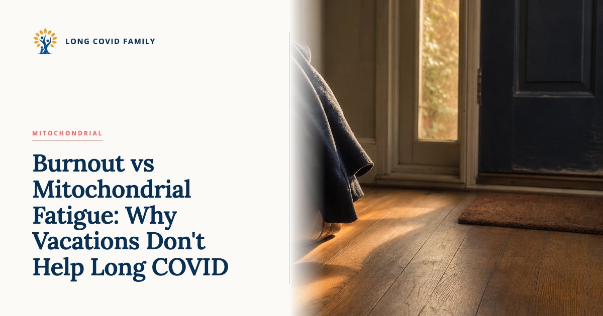 Editorial featured image: leather travel bag and slippers by a sunlit front door, golden hour light. Long Covid Family logo and post title overlay.
