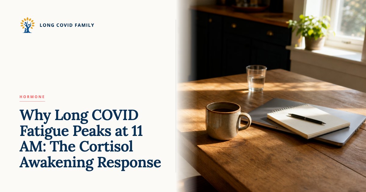 Editorial featured image: late-morning kitchen scene with a cooled coffee mug, closed laptop, water glass, and empty chair pulled out from a wooden table; sunlight streaming in from camera right. Long Covid Family logo and post title overlay.