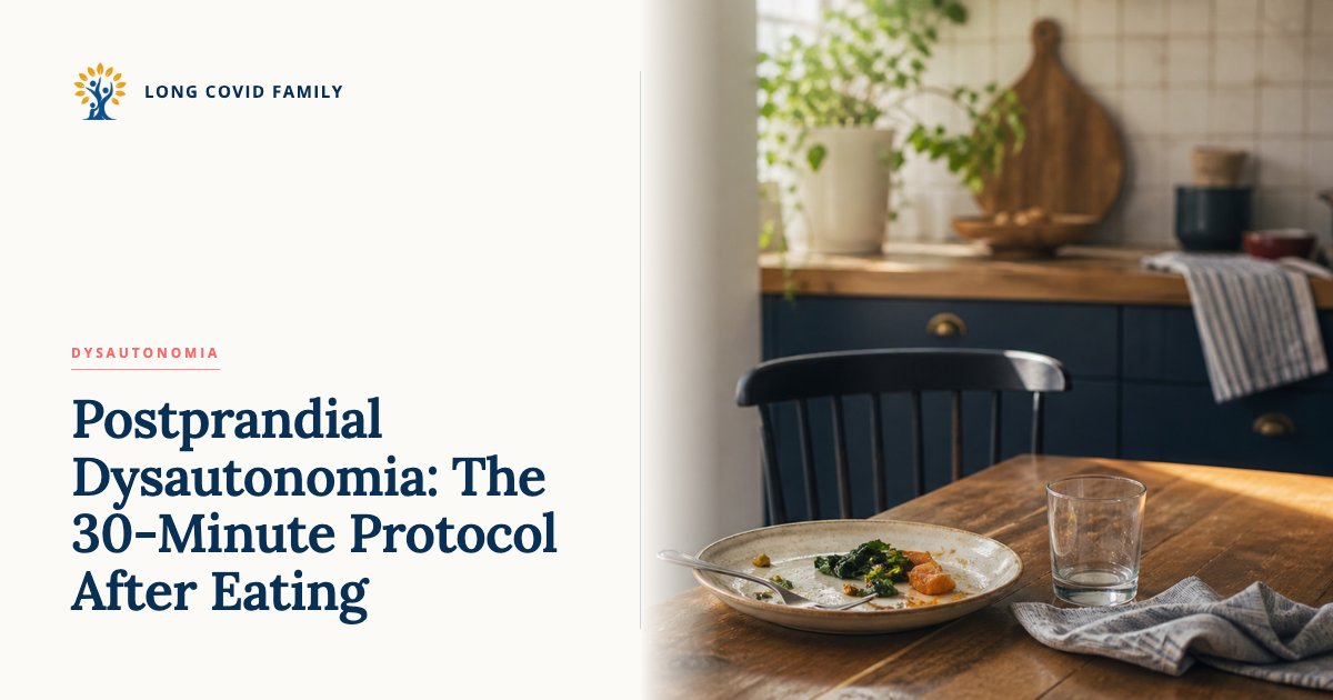 Editorial featured image: kitchen still life with a half-finished meal, empty chair, and water glass. Long Covid Family logo and post title overlay.