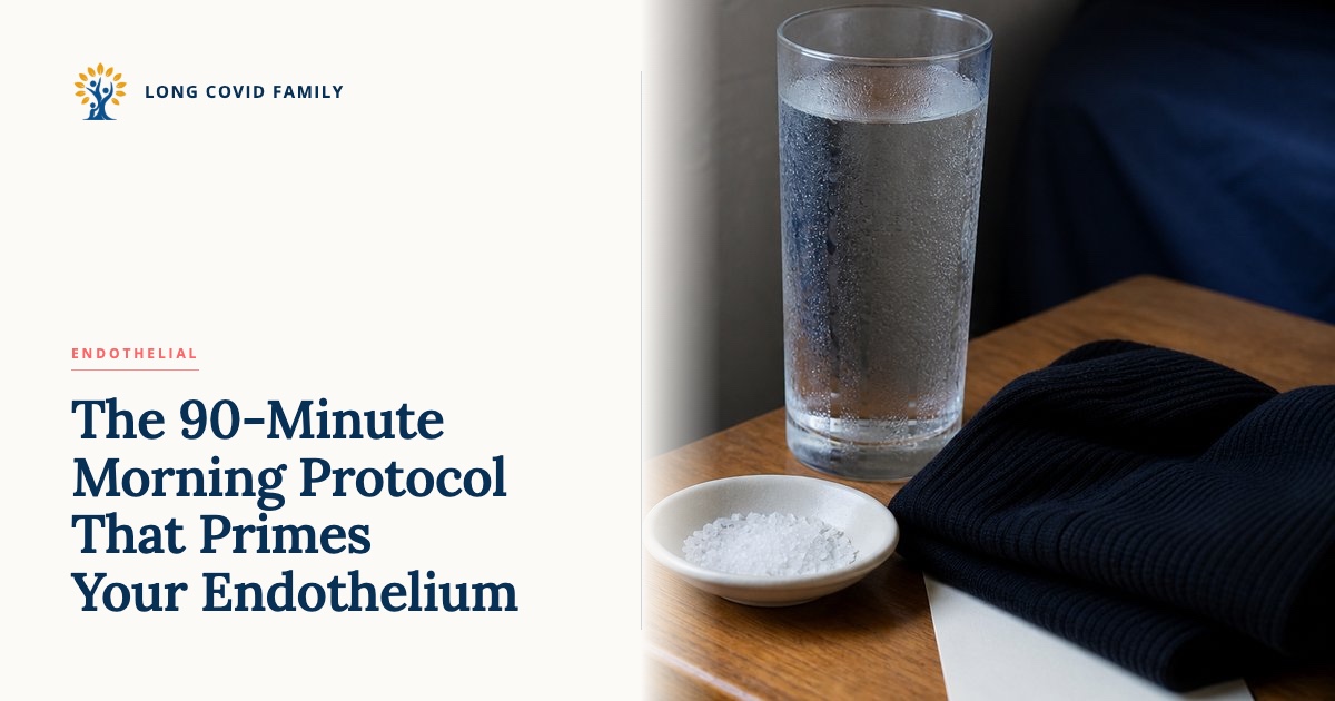 Long COVID morning vascular priming protocol — editorial bedside still life of a glass of water, salt packet, and folded compression socks on a nightstand in soft pre-dawn light.