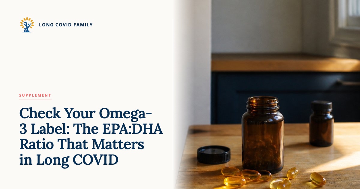 Omega-3 supplement EPA:DHA ratio in Long COVID — editorial kitchen still life of an amber fish-oil bottle and golden gel capsules on a wooden counter in soft mid-day light.