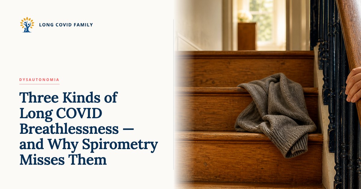 Long COVID breathlessness subtypes — editorial photo of a wooden staircase landing with a folded gray sweater dropped on the bottom step in soft daylight.