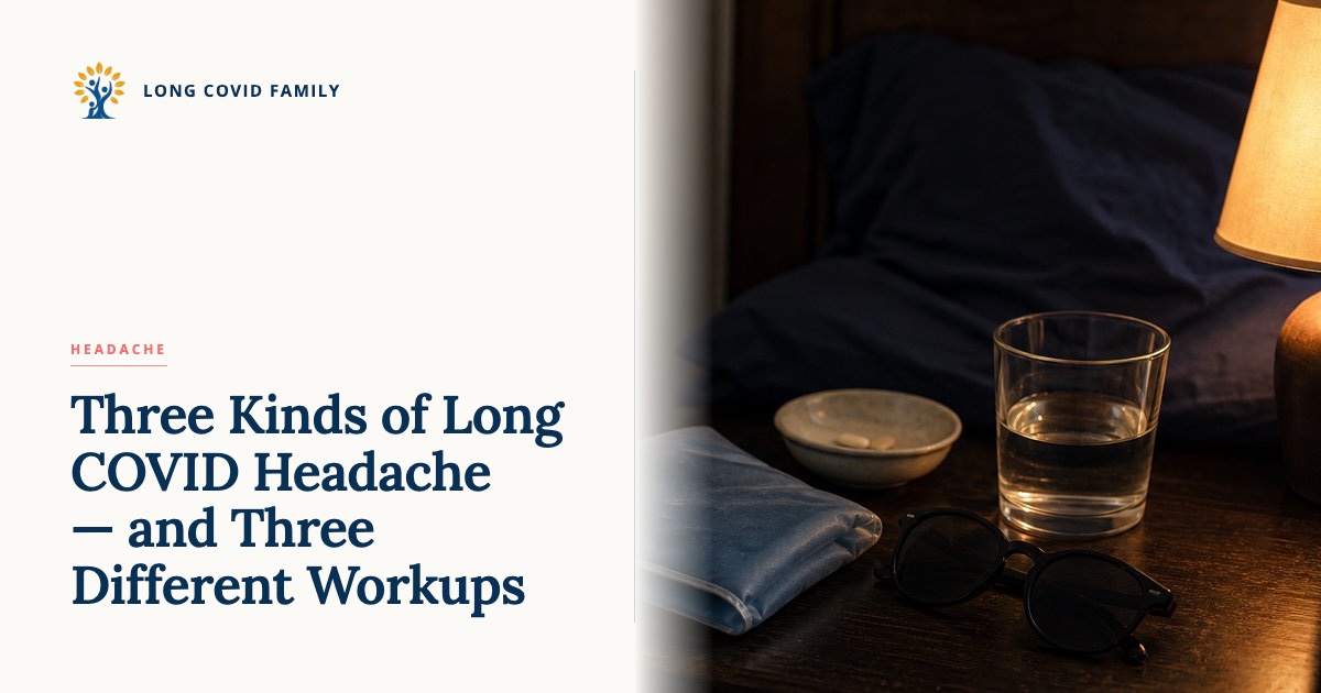 Three types of Long COVID headache — editorial nightstand still life with a folded ice pack, a glass of water, a pair of sunglasses set aside, and a dim lamp in soft cool light.